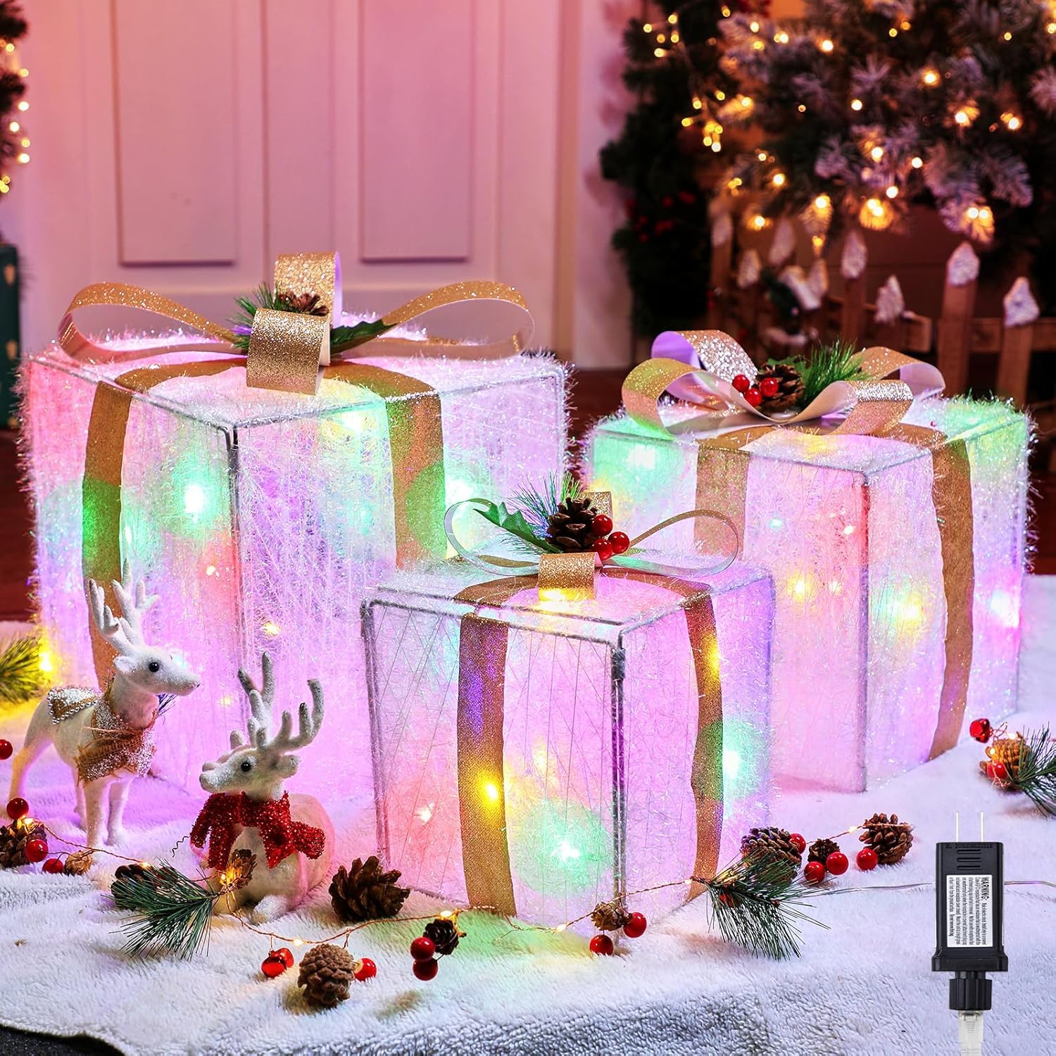 Brightown 3 Pieces Lighted Gift Boxes Outdoor Christmas Decorations, 12" 10" 8" with 60 Pre-Lit Mini String Lights,Foldable LED Boxes with Bows for Tree Indoor Outdoor Party Yard Home Decor